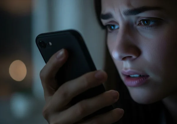 Person anxiously checking phone with a blurred background