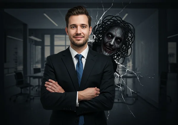 Person with successful exterior, hidden struggles behind mask