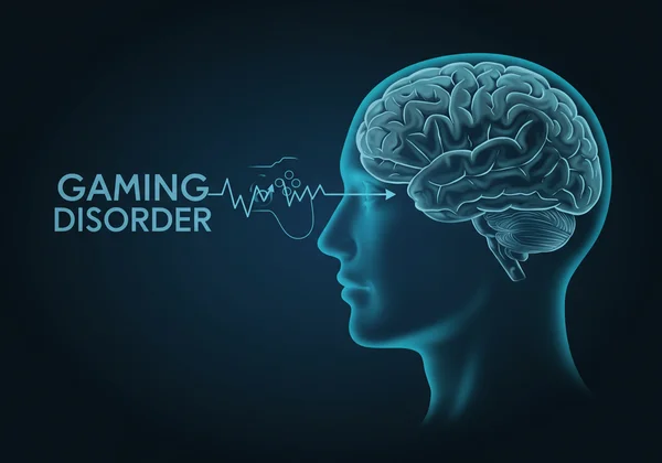 Concept of gaming disorder, controller and brain merging