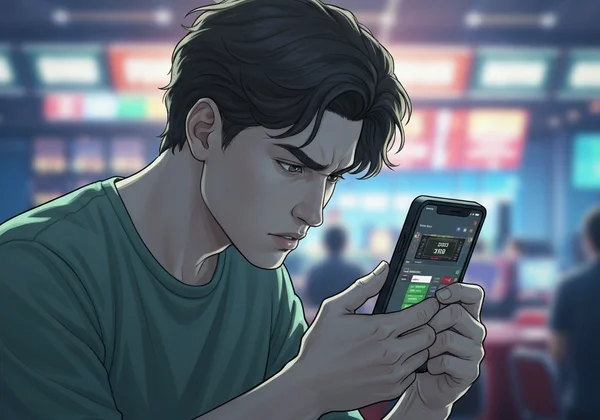 Person contemplating online gambling on a phone
