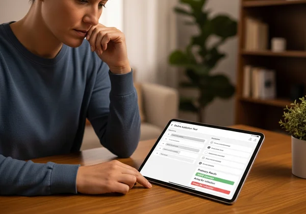 Person looking thoughtfully at online addiction test results on a tablet