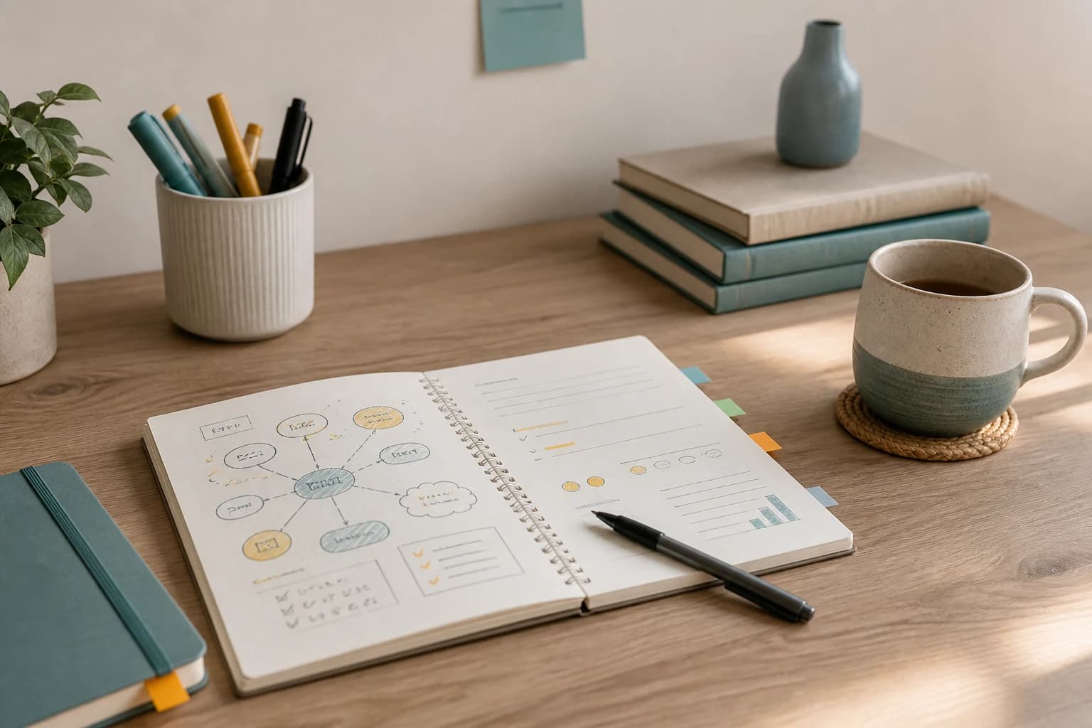 Rustig bureau met focusnoten