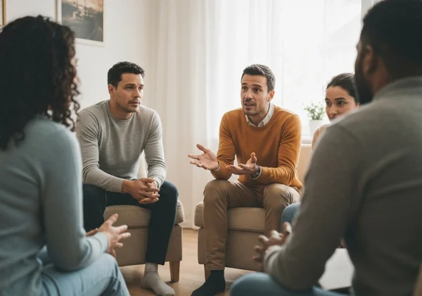 A diverse community engaged in a supportive and open discussion