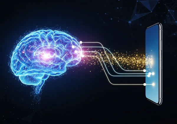 Abstract brain and phone with dopamine-like rewards