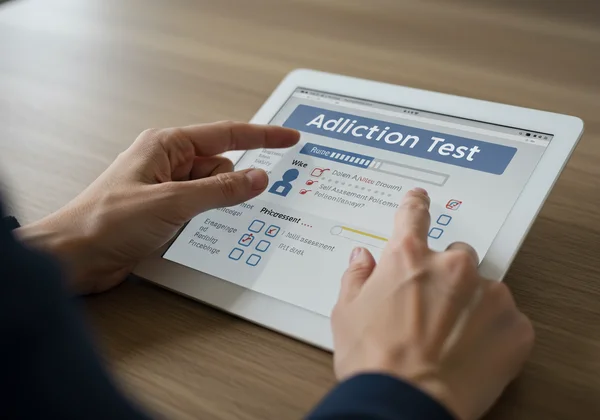 Hands interacting with a digital addiction test interface