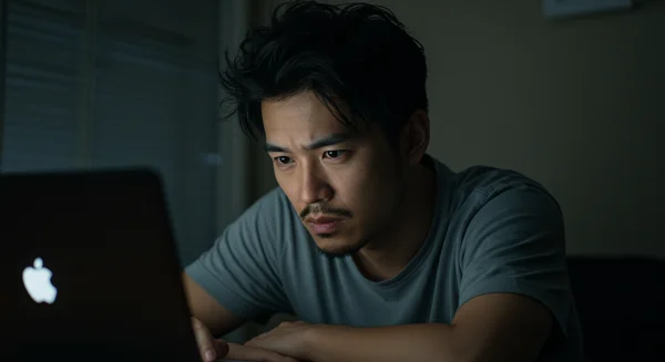 Person contemplating their digital habits, looking at a screen.