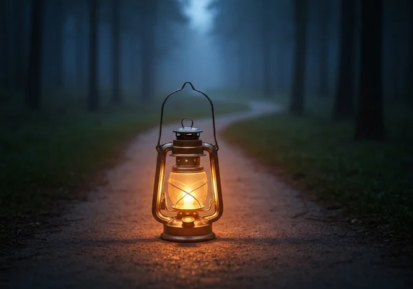 A warm lantern lighting a path, symbolizing guidance and hope